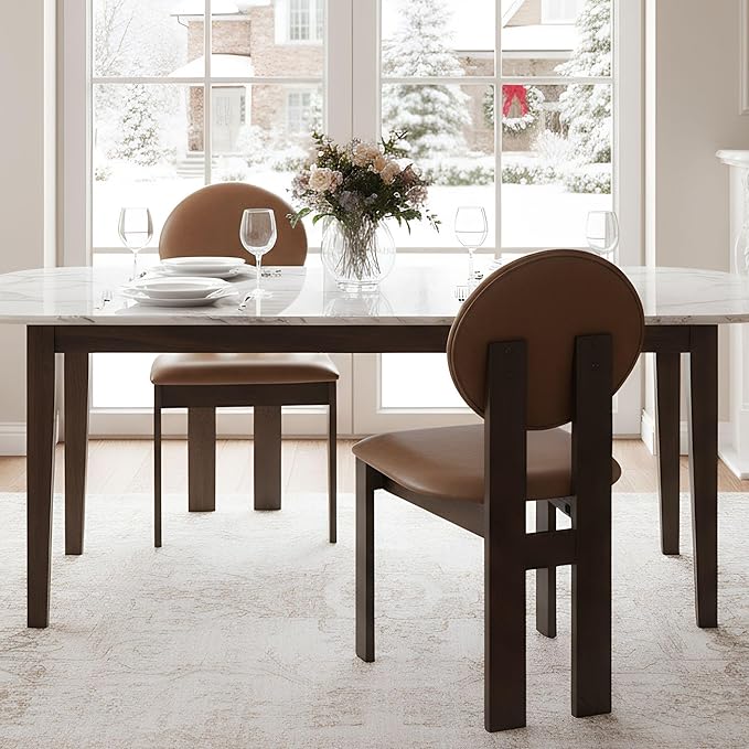 Modern Wood Dining Chairs Set of 2, Farmhouse Brown Faux Leather Kitchen Chairs with Round Back & Walnut Legs, Mid-Century Armless Upholstered Accent Chairs for Dining Room/Living Room/Restaurant