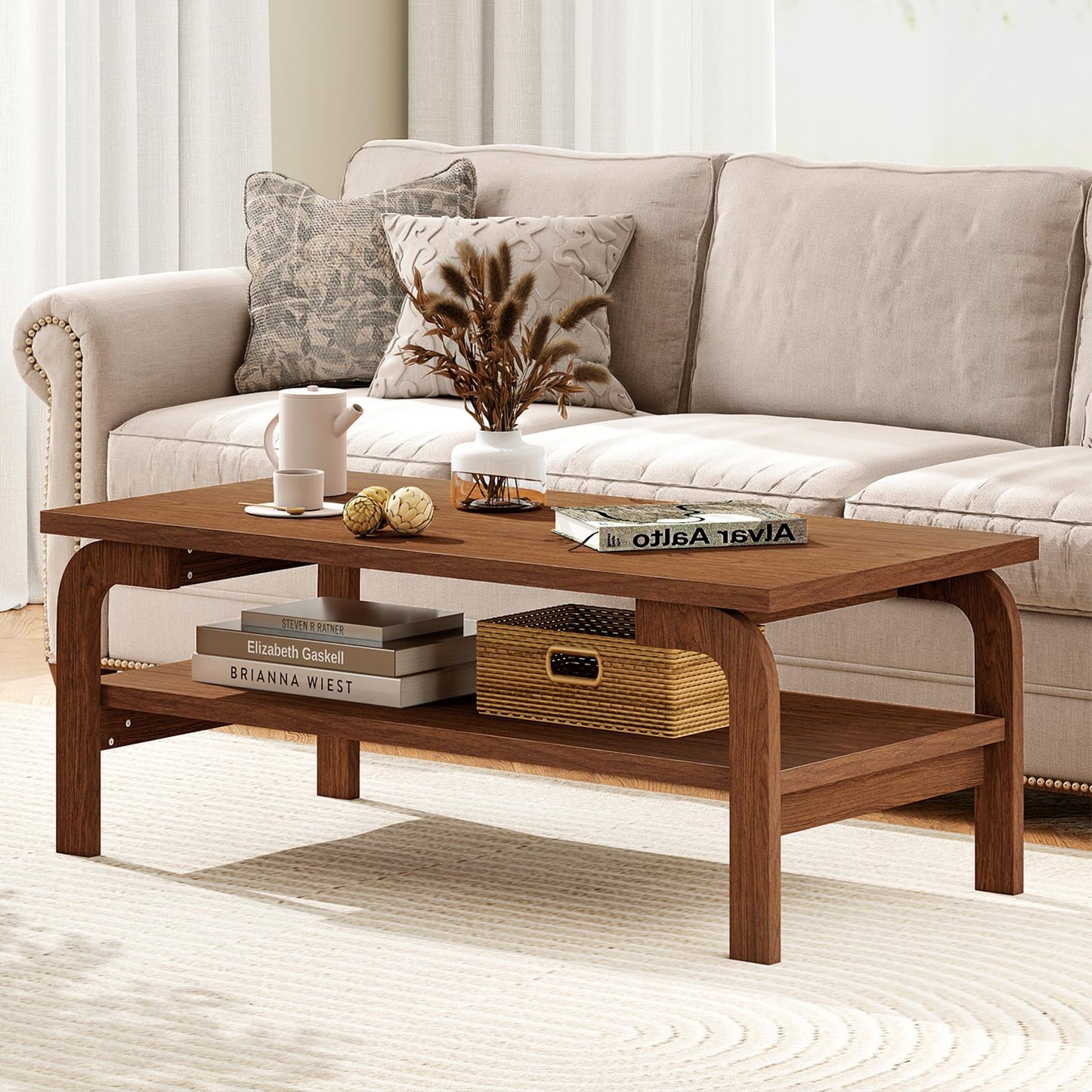 Giantex Mid Century Modern Coffee Table, 47" 2-Tier Center Table with Storage Shelf, Rectangular Vintage Cocktail Table w/Curved Legs & Large Tabletop, Wood Living Room Tables for Apartment, Walnut