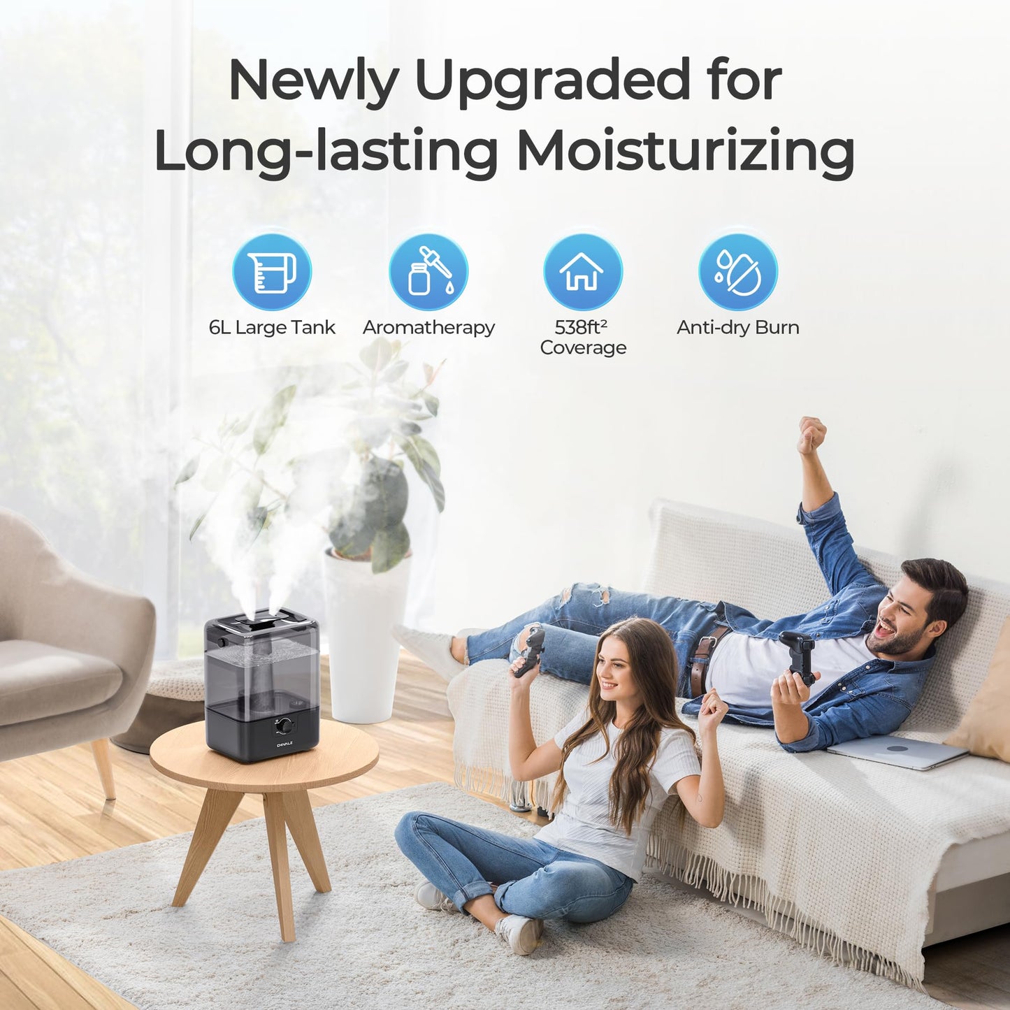 Chivalz Humidifiers For Bedroom, 6L Cool Mist Humidifiers For Baby Nursery, 26Db Quiet, 50H Runtime, Top Fill Humidifier For Lar