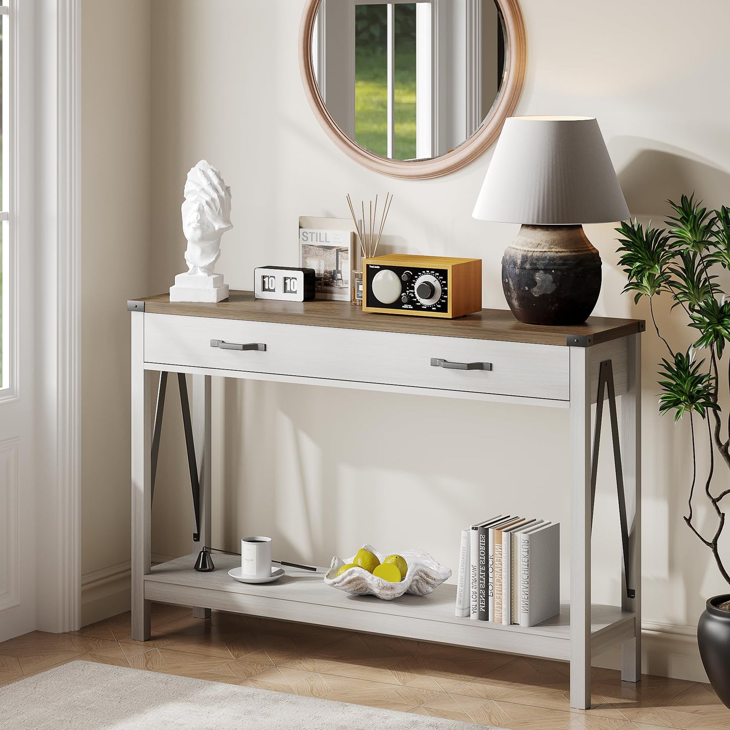 ChooChoo 47'' Farmhouse Console Table with Drawer, Entryway Table with Storage Shelf, Rustic A-Design Sofa Table for Hallway, Entrance, Living Room, White&Brown