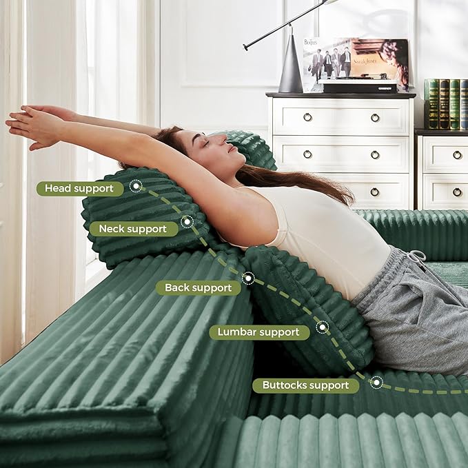 171" U-Shaped Cloud Modular Sectional Sofa with Chaise & Headrest, Boneless Deep Seat Plush Corduroy Couches for Large Living Room, No Assembly Required (Green, 171" U-shapred Chaise)
