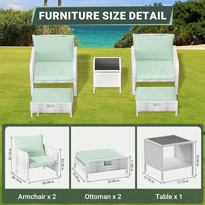 LEVELEVE Balcony Furniture 5 Piece Patio Conversation Set, PE Wicker Rattan Outdoor Lounge Chairs with Soft Cushions 2 Ottoman&Glass Table for Porch, Lawn-Grey Wicker