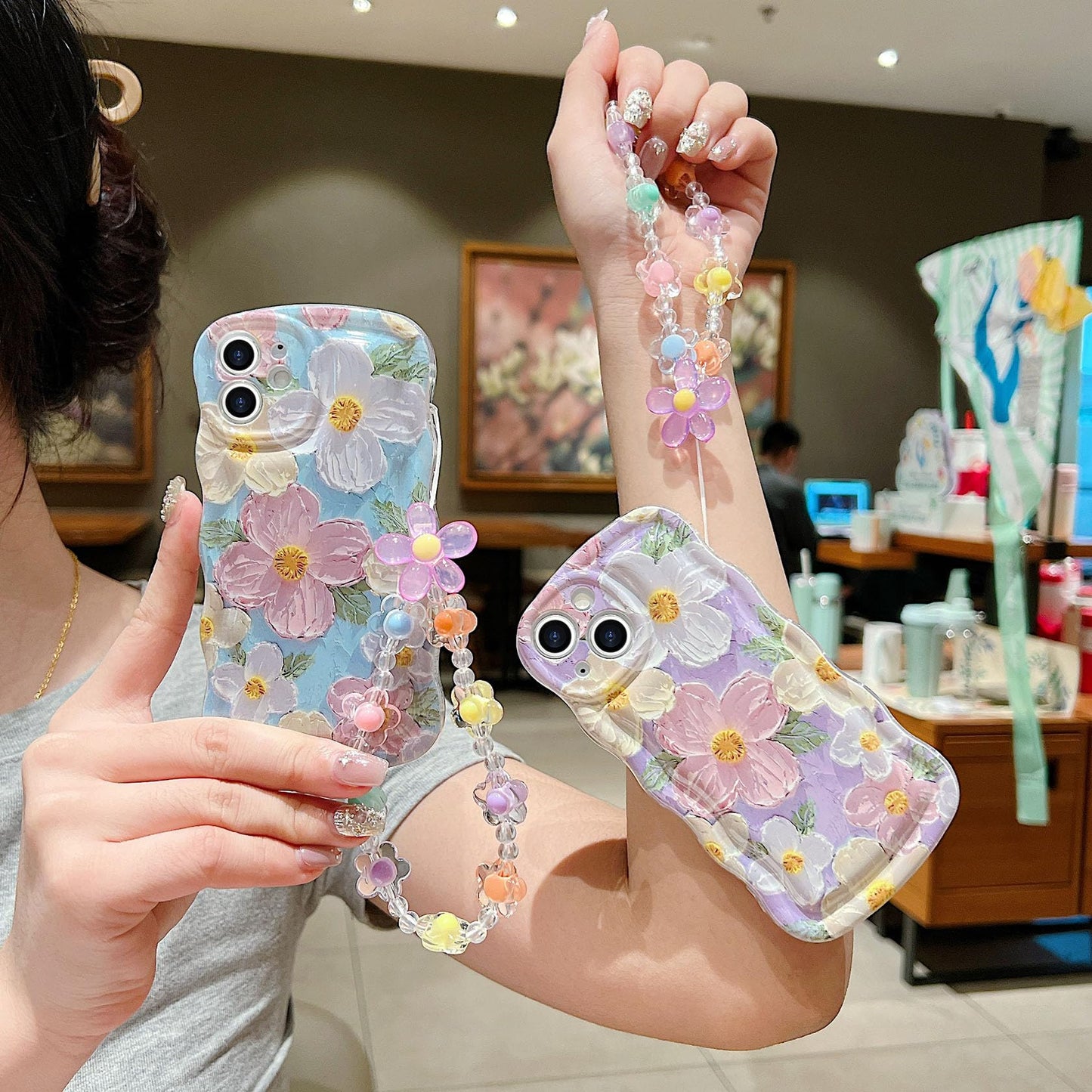 For Iphone 12 Mini Curly Wavy Case, Cute Colorful Retro Oil Painting Flower Glossy Pattern [With Bead Chain], Slim Fit Shockproo