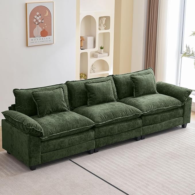 Oprisen 120" Modular Sectional Sofa, Comfy Cloud Couch Sectional, Chenille Sofa Sleeper Deep Seat Sofa with Throw Pillows for Living Room (Green, 120"- 3 Seater)