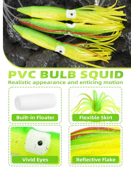 BLUEWING 18" Upgraded Fishing Spreader Bar Starboard Walker Offshore Trolling Spreader Bar with 9" Bulb Squids and 316 Stainless Steel Rod for Wahoo Tuna Marlin Mahi Mahi, Yellow/Green