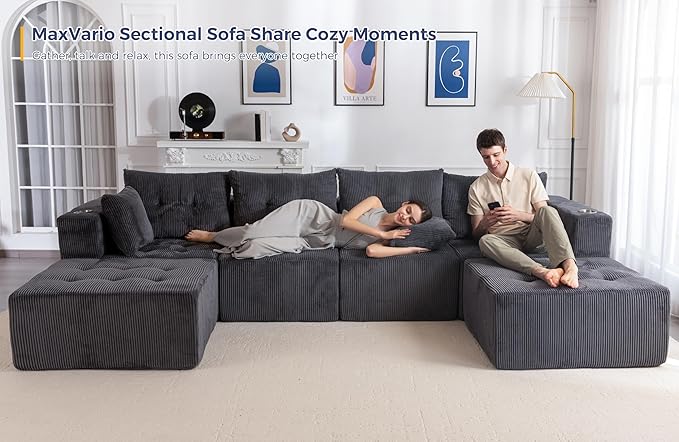 MAXYOYO 129.5" Modular Sectional Sofa Couch, U Shaped Modern Cloud Couch with 2 Ottomans, Sofa in A Box, Tufted 6-Seat Boneless Sleeper Chair for Living Room, No Assembly Required, Grey