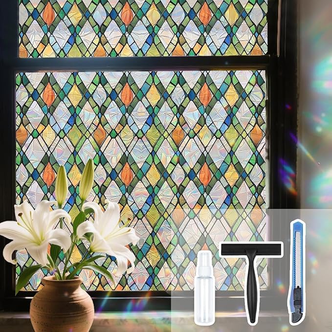 Lattice Stained Glass Window Film Static Cling with Tools - 23.6 x 78.7 Inch Non-Adhesive Privacy Decorative Rainbow Film for Windows, Doors, Sidelights - Easy Install & Remove