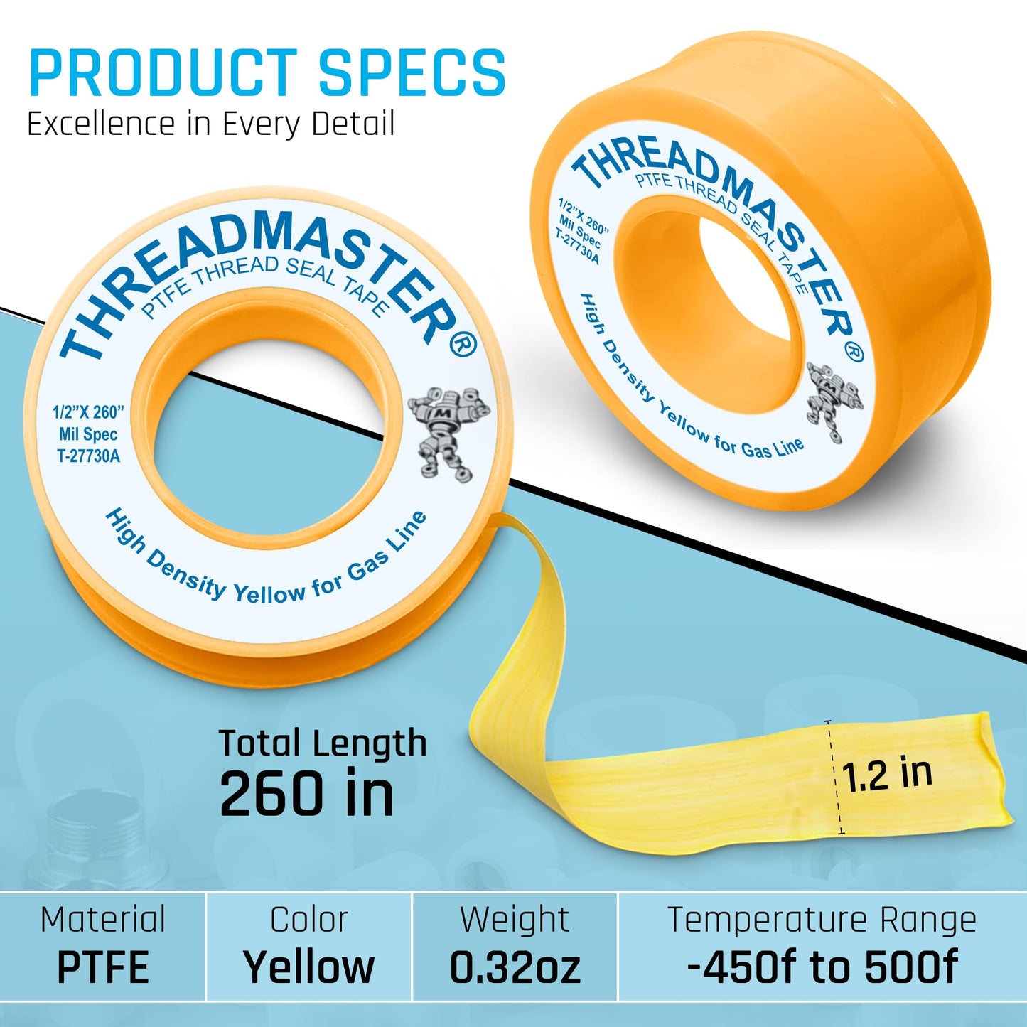 TAPEWELL Yellow Gas Teflon Tape, Pipe Thread Sealant, 260" Length 1/2" Width, for Propane, Natural Gas, & More, Pack of 2 (2)