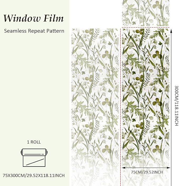 Rainbow Watercolor Green Leaves Window Film, Privacy Iridescent Static Cling Double-Sided Decals for Window Door Glass Decor, Herbs, 118.11" x 29.52"