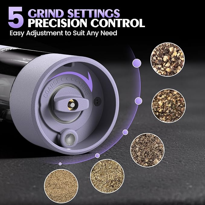 Salt and Pepper Grinder Set Christmas Gifts for Women Automatic Battery Purple Pepper Mill Shakers Kitchen Accessories Cooking for Mom, Adjustable Coarseness Salt Pepper Shakers White Elephant Gift