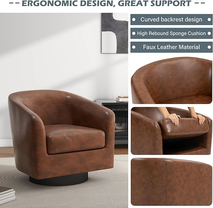 UIXE 360° Swivel Barrel Accent Chair Armchair, Faux Leather Modern Round Club Arm Chair Upholstered Single Sofa Seating Corner Nook Side Reading Seat for Living Room, Office, Bedroom - Coffee Brown