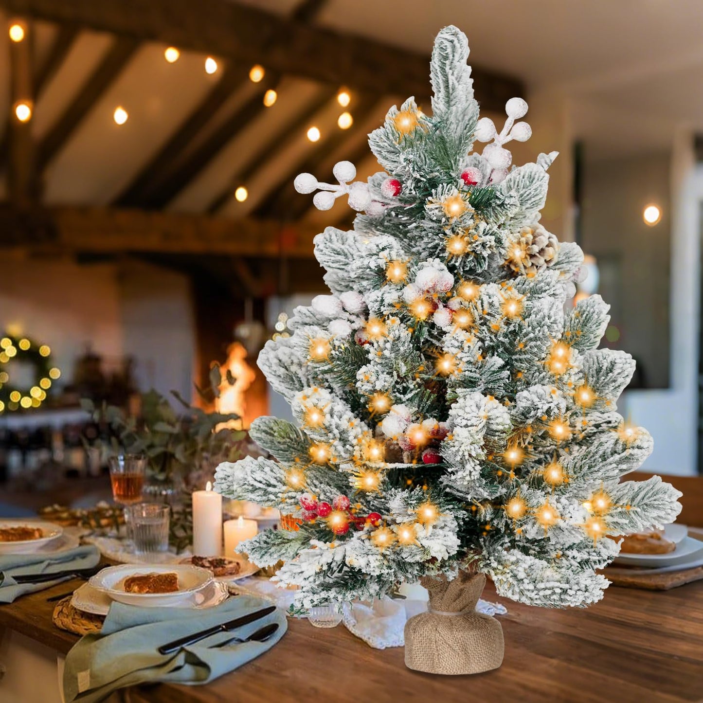 RIDGEPOLE 2FT Pre-lit Mini Christmas Snow Flocked Tree,Tabletop Artificial Christmas Tree with LED Lights, Small Xmas Pine Tree with Cloth Bag Base for Christmas Decor,12 PCS Berry & 8 Pinecones