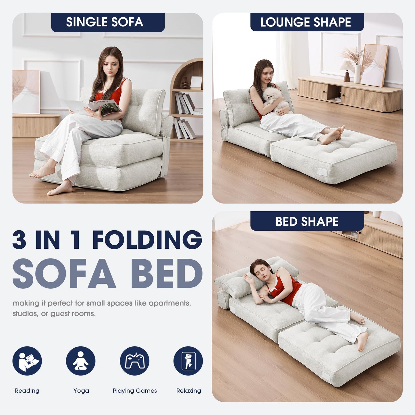 KINGYES Folding Sofa Bed, Convertible Sleeper Chair with Pillow for Adults, Foldable Single Futon Chair Floor Sofa Lounge for Living Room, Beige