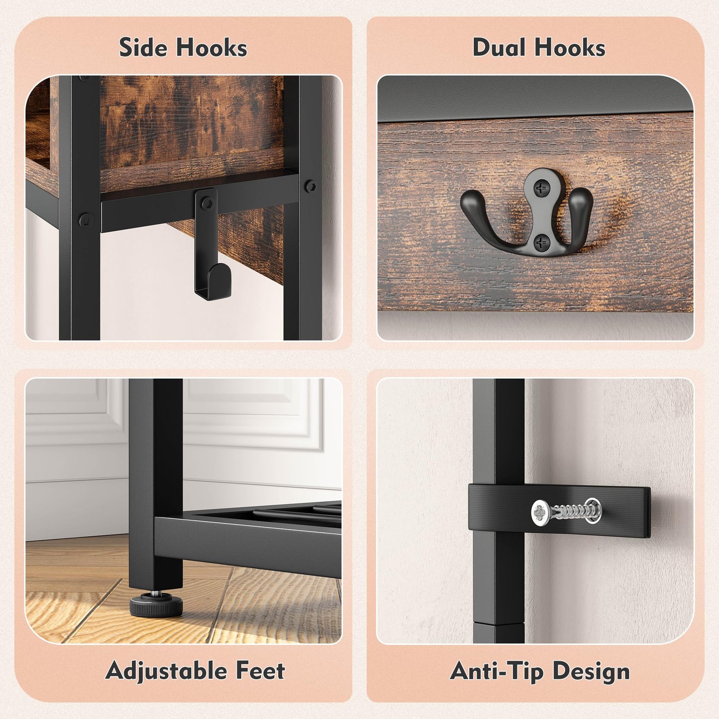 Raybee Hall Tree with Bench and Shoe Storage, Coat Rack Freestanding with 3 Fabric Drawers, Entryway Bench with Shoe Storage, Hall Tree with 12 Hooks for Hallway