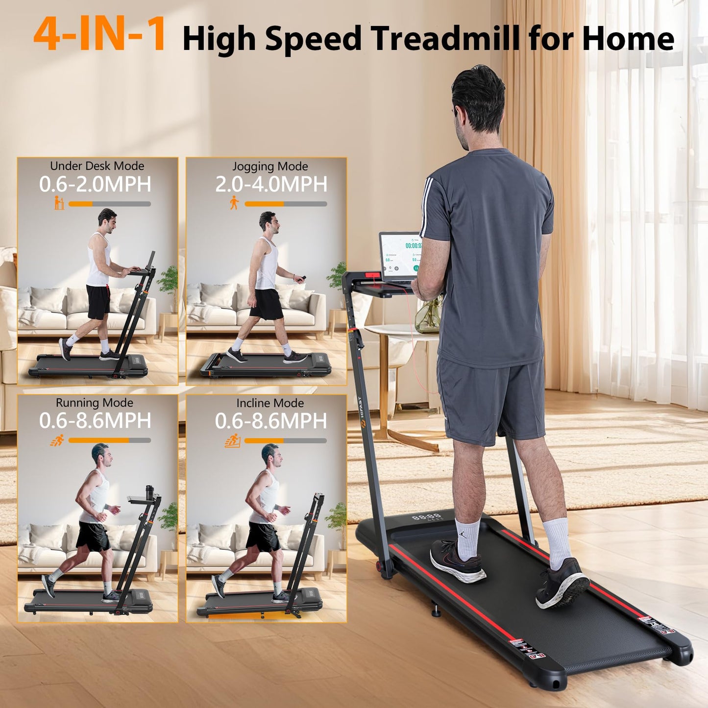 HiFast Walking Pad Treadmill, 3.0HP Under Desk Treadmills with 8% Incline, Adjustable Height Foldable Treadmill for Home Office, 300lbs Capacity with Removable Desk Workstation, Remote Control, APP