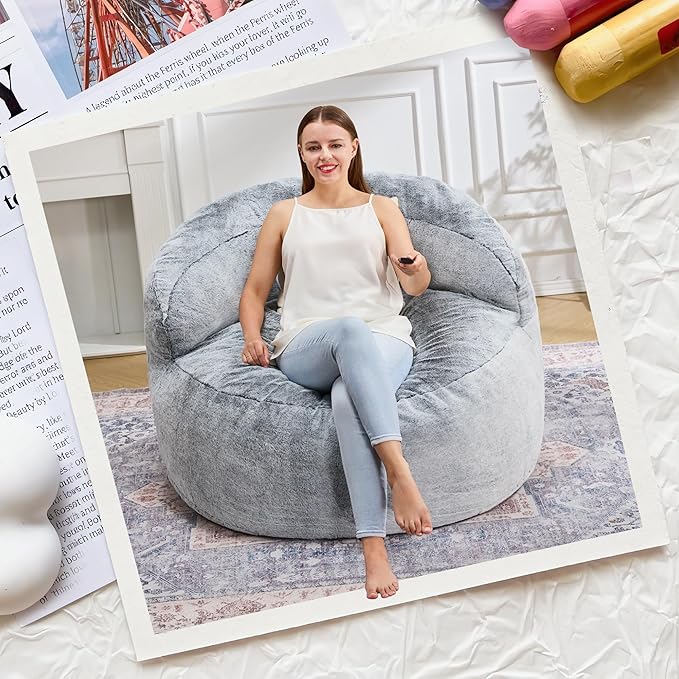 Hobestluk Bean Bag Chair Giant Bean Bag Chairs for Adults Big Bean Bag Chair with Memory Foam Filler Adults Large Beanbag with Faux Fur Cover for Bedroom (Plush Grey,Large)