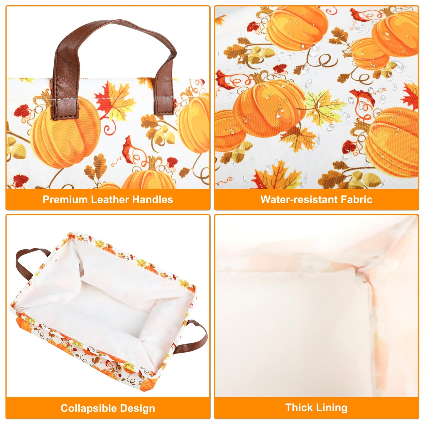 Funnewban Pumpkin Fall Storage Bin Basket Collapsible with Leather Handles Waterproof Canvas Storage Cube Box for Closet Toys Clothes Thanksgiving Room Decor Gift Basket