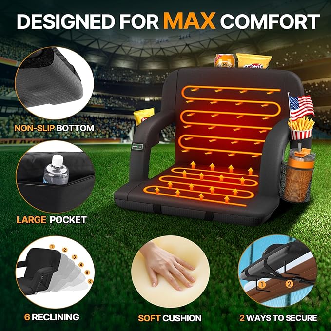 HOPERAN 21" 2pcs Dual-Sided Heated Stadium Seats for Bleachers with Back Support, 3 Levels Heating Stadium Seating for Bleachers Seat with Backrest, 5 Pockets Portable Stadium Chair for Outdoor