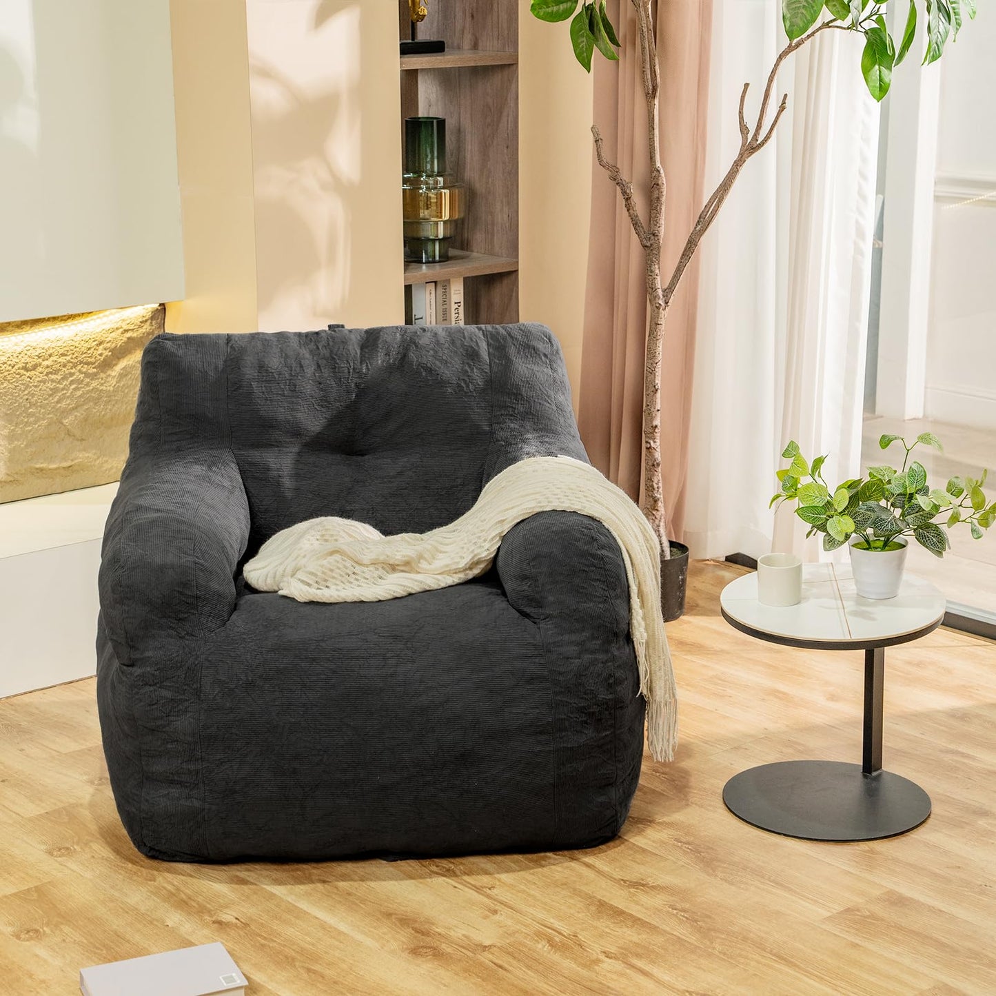 Stmoze Bean Bag Chair, Bean Bag Chair for Adults, Fluffy and Comfy Bean Bag with Filler, Bean Bag Sofa Chair for Reading, Gaming, Stuffed High-Density Foam, Grey