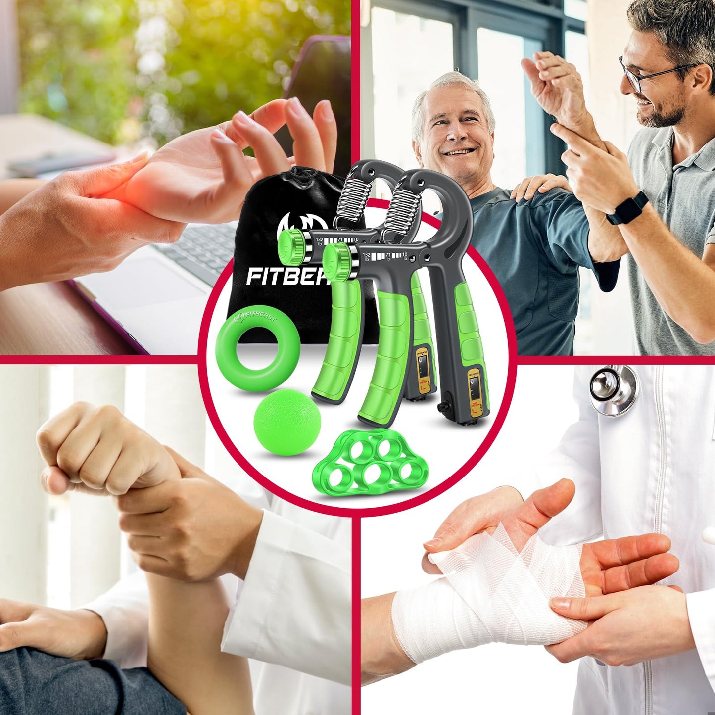 FitBeast Hand Grip Strengthener Workout Kit (5 Pack), 2 Forearm Grip Adjustable Resistance Hand Gripper, Finger Stretcher, Grip Ring & Stress Relief Grip Ball for Athletes, Light Green