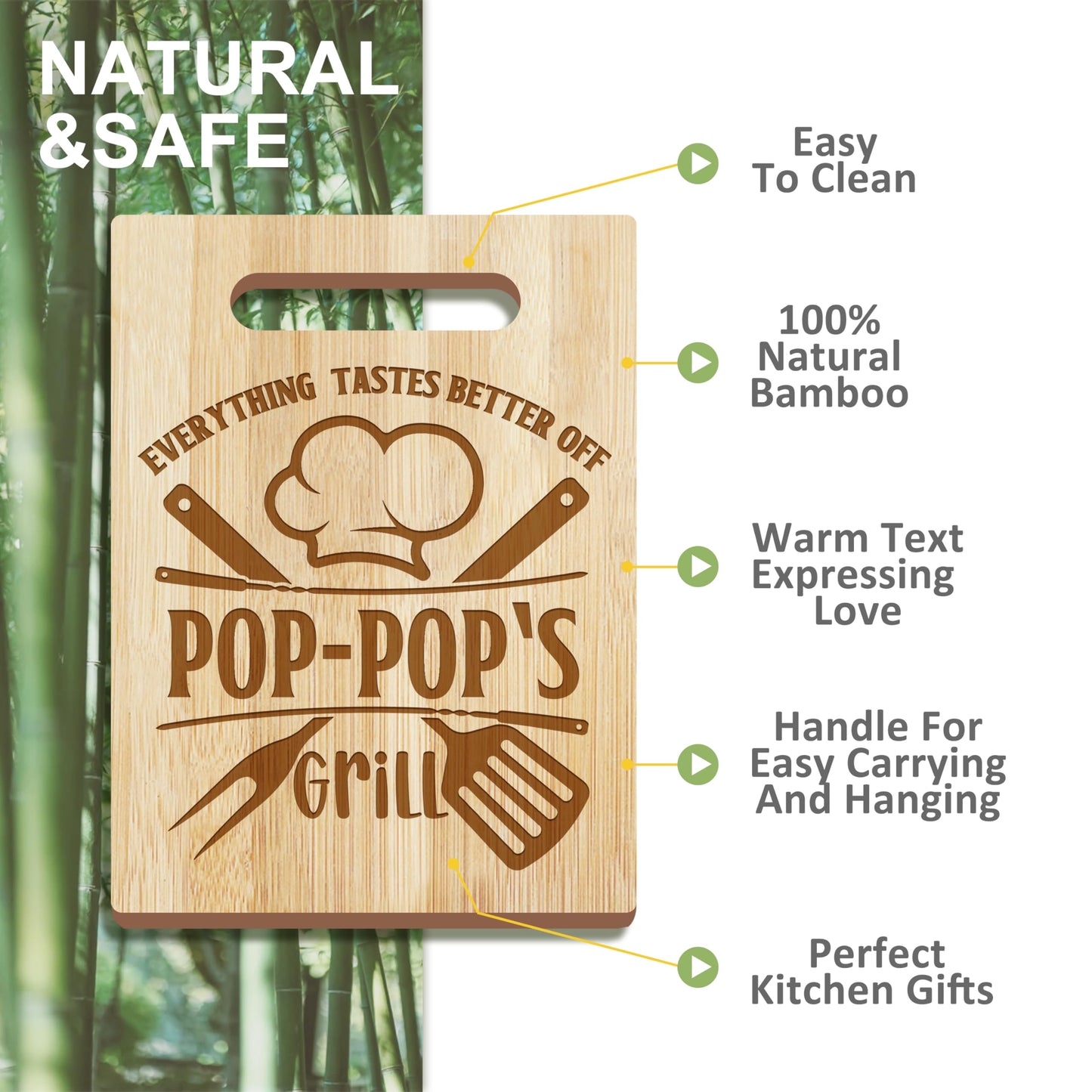 Pop Pop Gifts, Pop Gifts from Grandkids, Poppop Birthday Gift Wooden Cutting Board Utensils Set with Apron, Great Pop Grandprents Day Fathers Day Stocking Stuffer Kitchen Gift