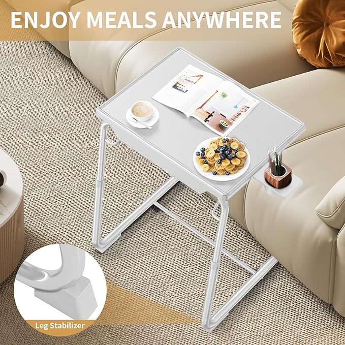 ZUCONKITCH Adjustable TV Tray Tables with 6 Height & 3 Tilt Angle, Folding TV Dinner Tray,TV Table with Cup Holder on Bed & Sofa (1 Pack, White)