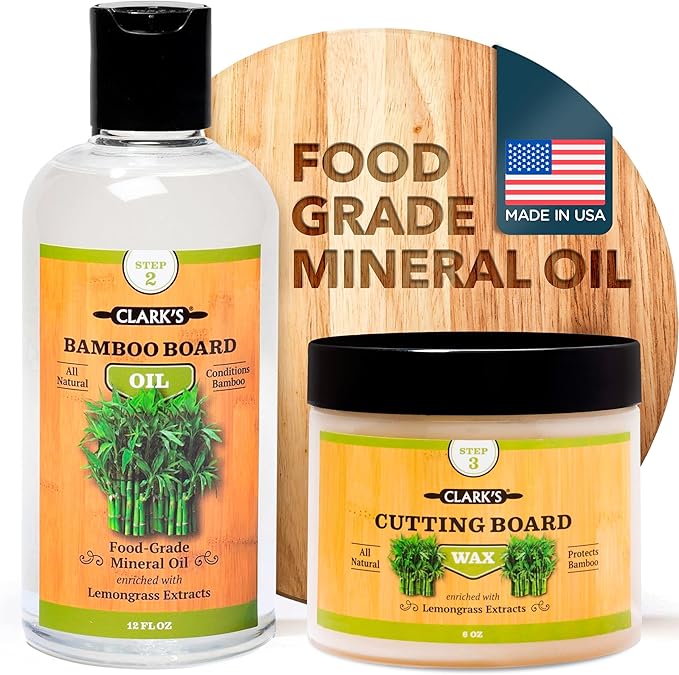 CLARK'S Food Grade Mineral Oil (12oz) and Carnauba Wax (6oz) Set - 100% Natural Butcher Block Oil and Cutting Board Wax - Food Safe Beeswax and Wood Cutting Board Oil with Lemongrass Extract