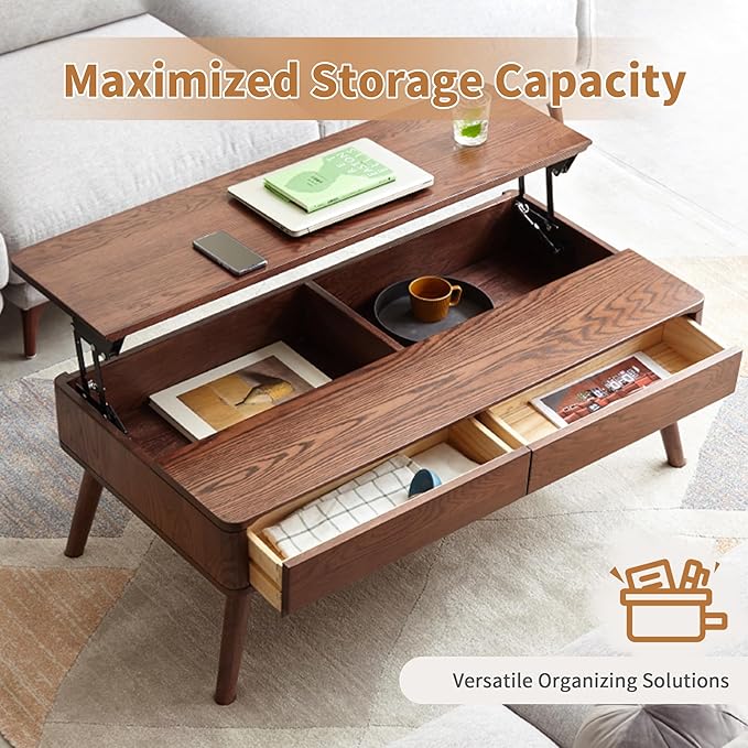 QKFF Wood Lift Top Coffee Table, 100% Solid Oak Wood Small Rising Dining Center Tables with Storage Shelf and Hidden Compartment for Living Room 48D x 26W x 26H