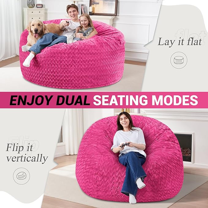5FT Bean Bag Chair,Giant Bean Bag Chairs for Adults,Big Bean Bags with Memory Foam Filled, Large Beanbag Chairs with Chevron Plush Cover-Pink