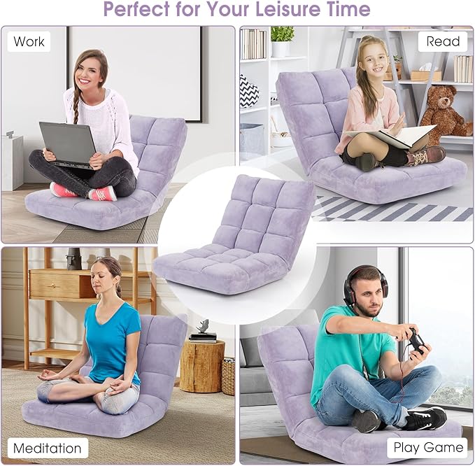 MAT EXPERT 14-Position Floor Chair, Floor Gaming Chair w/Soft Coral Fleece, Alloy Steel Frame, Padded Lazy Couch Recliner, Floor Chair w/Back Support for Reading, Meditating (Light Purple)