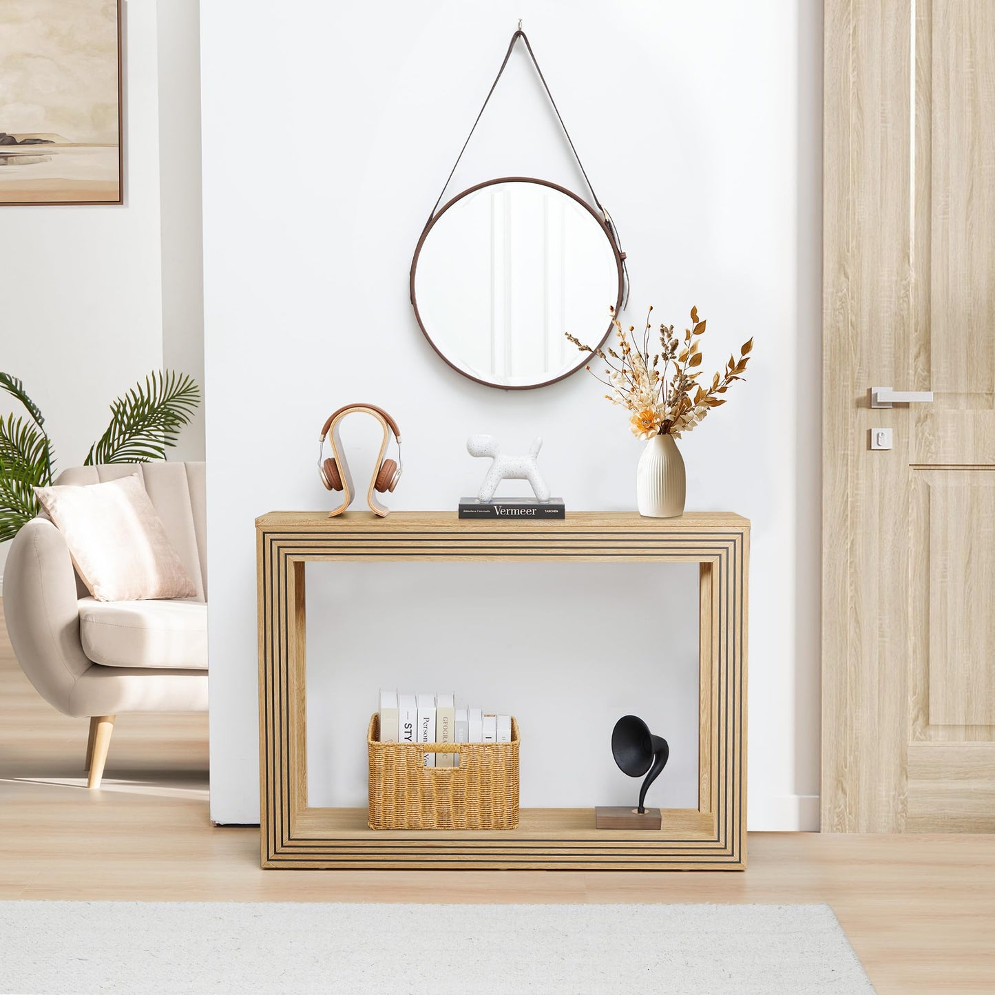 AVZEAR Fluted Entryway Console Table with Storage Shelf, 43" Mid-Century Couch Table Behind Sofa Long and Skinny for Living Room Hallway Entrance Foyer, Nature