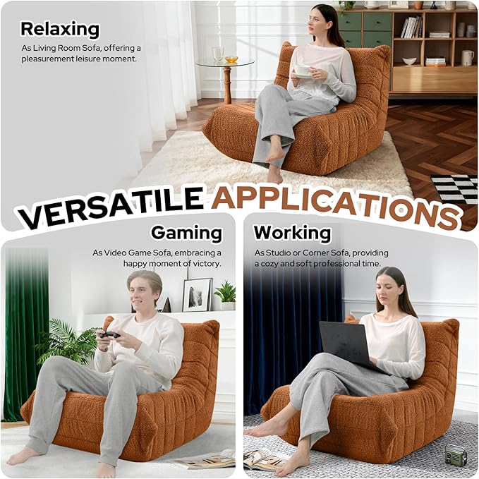 HABUTWAY Bean Bag Chairs Fireside Lazy Floor Sofa, Soft Teddy Fleece Bean Bag Sofa with High-Resilience Foam Filling，Beanbag for Living Room, Bedroom, Office (Brown Teddy)