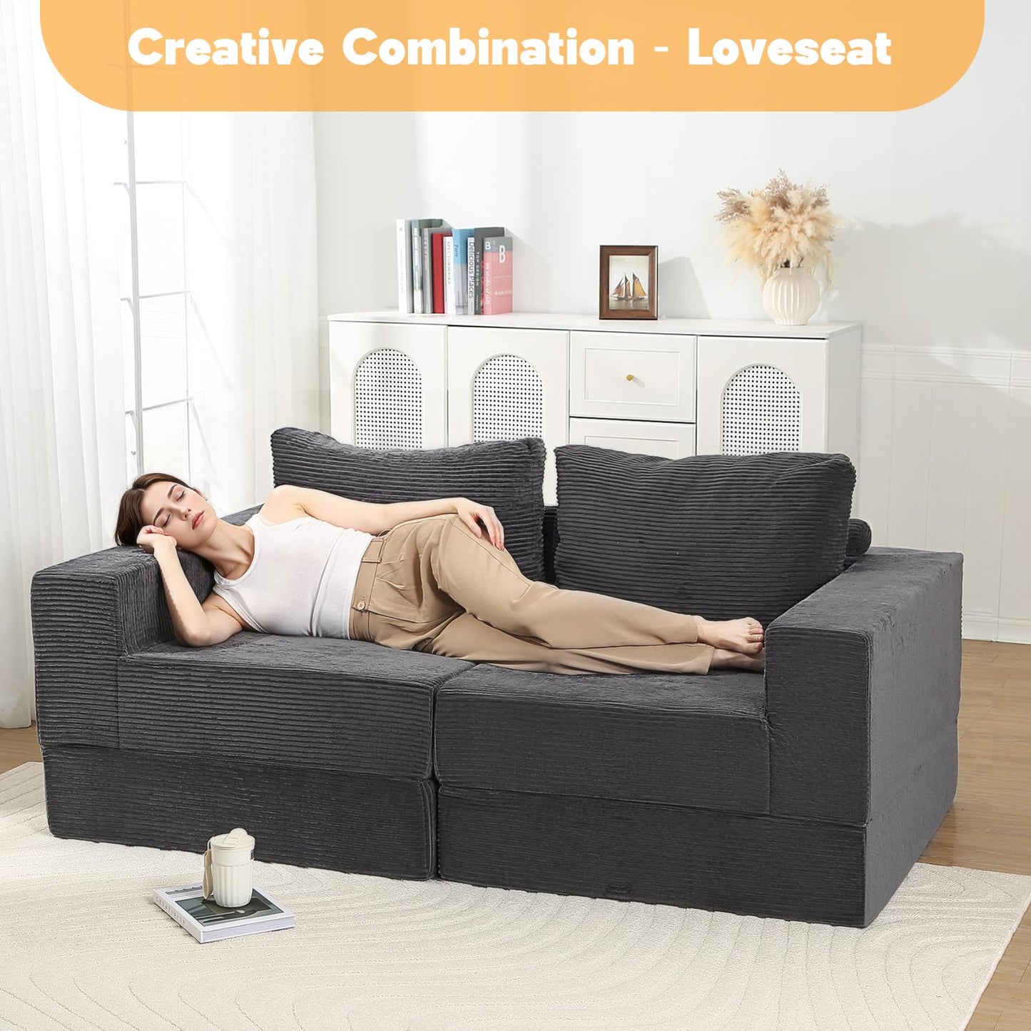 MeMoreCool Convertible Sofa Bed Foldable Boneless Couch, Folding Sleeper Chair Bed with L-Shaped Armrest, Comfy Floor Lounge Couch for Adults, Fold Out Single Sofa Chair Futon for Indoor Bedroom