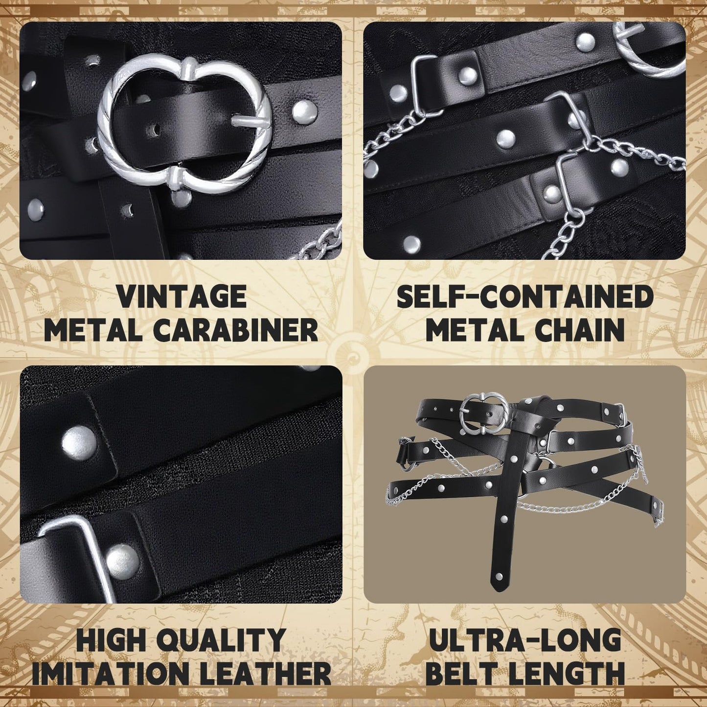 TobWeaL Medieval DIY Pirate Belt, Metal Chain Adjustable Leather, Retro Renaissance Belts for Women Dresses (black, a)