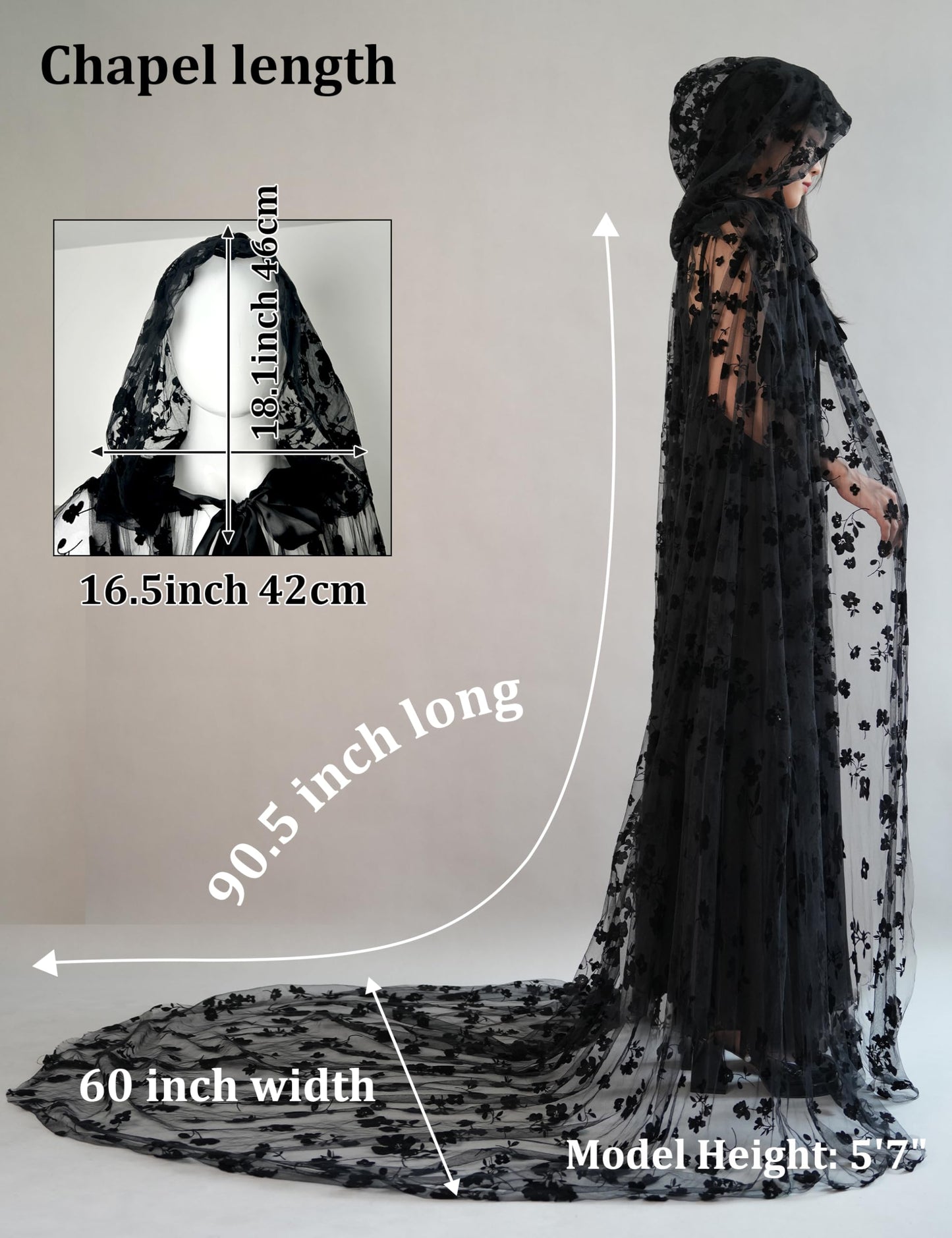 Black Hooded Cape Tulle Cloak Witch Gothic Costume Medieval Renaissance Wizard Vampire Robe with Hood for Women Adults