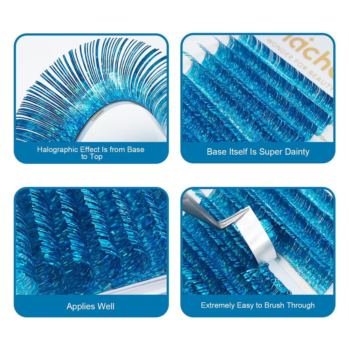 HAICHER Holographic Lash Tinsel, Colored Lash Extensions CC Curl 9-18mm Mixed Lash Trays (Blue, Volume)