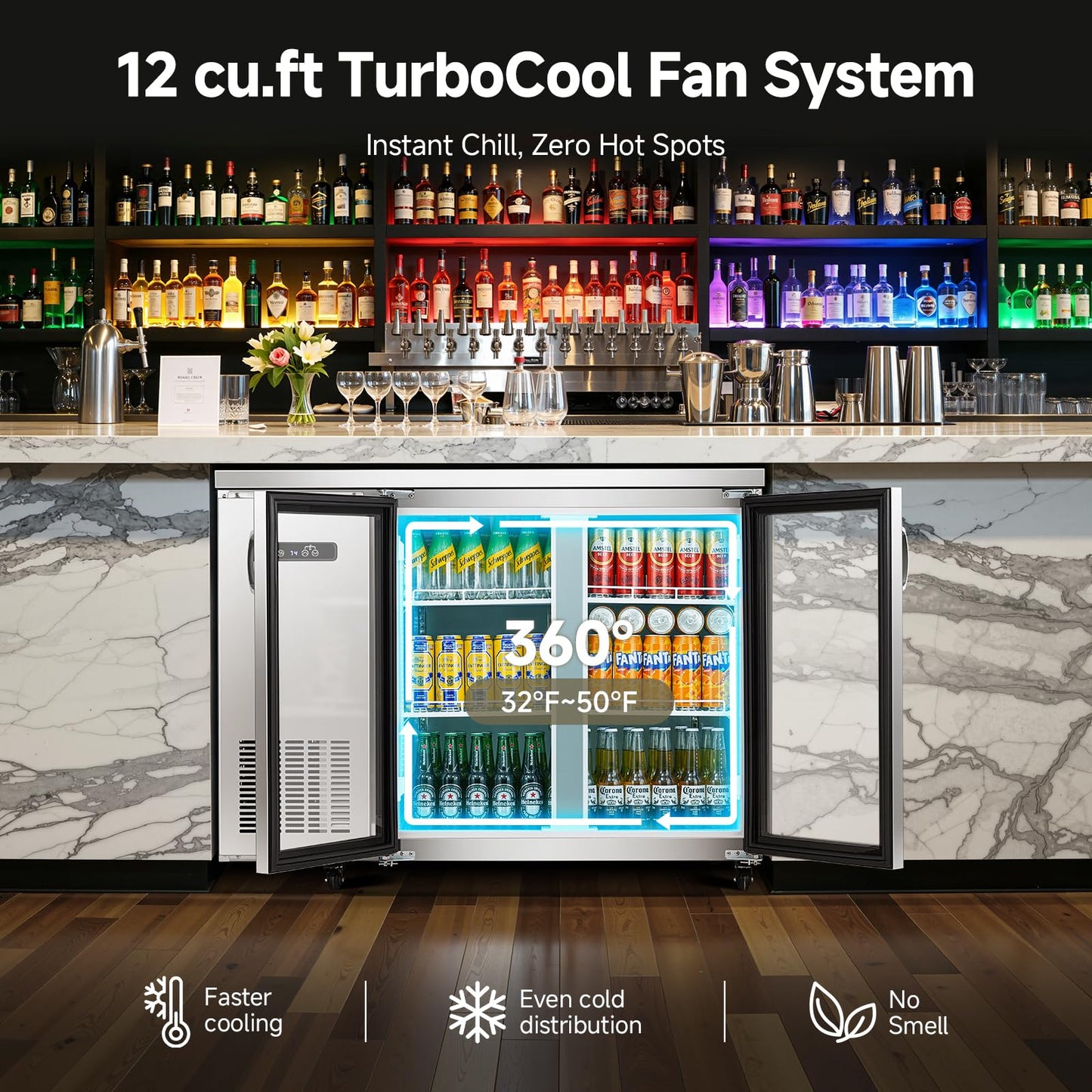 BODEGACOOLER Commercial Cooler with 2 Glass Doors, 12 Cu.Ft Stainless Steel Counter Height Back Bar Refrigerator, Beverage Display Fridge for Soda, LED Lighting, SUS304