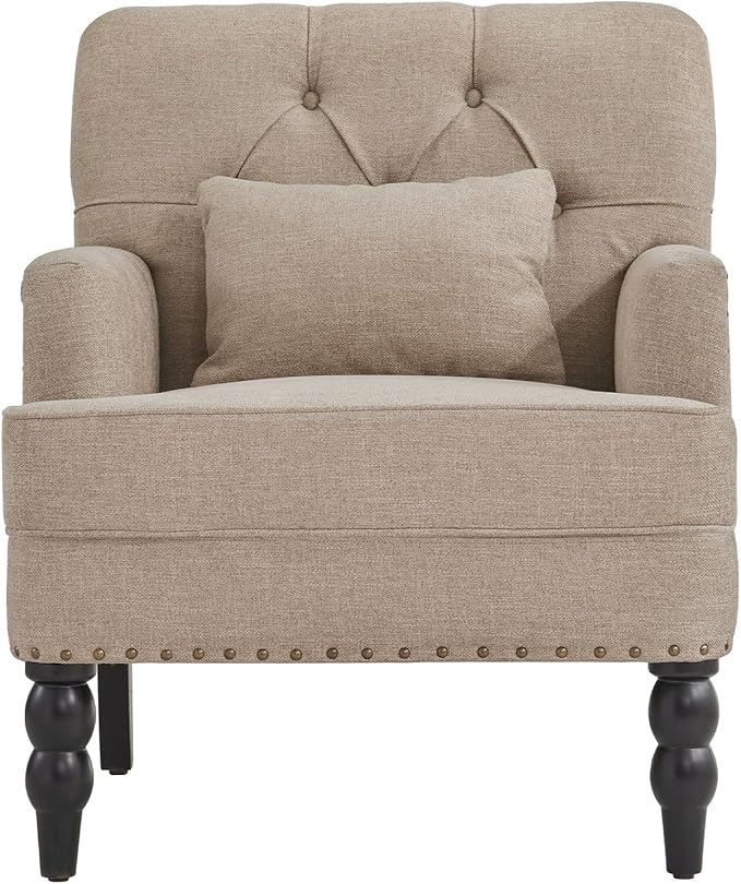HUIMO Tufted Club Chair Set of 2 with Lumbar Pillow,Accent Chair Upholstered Button Armchair, Linen Fabric Sofa Chairs for Bedroom, Living Room, Mid Century Modern Reading Chair,Brown