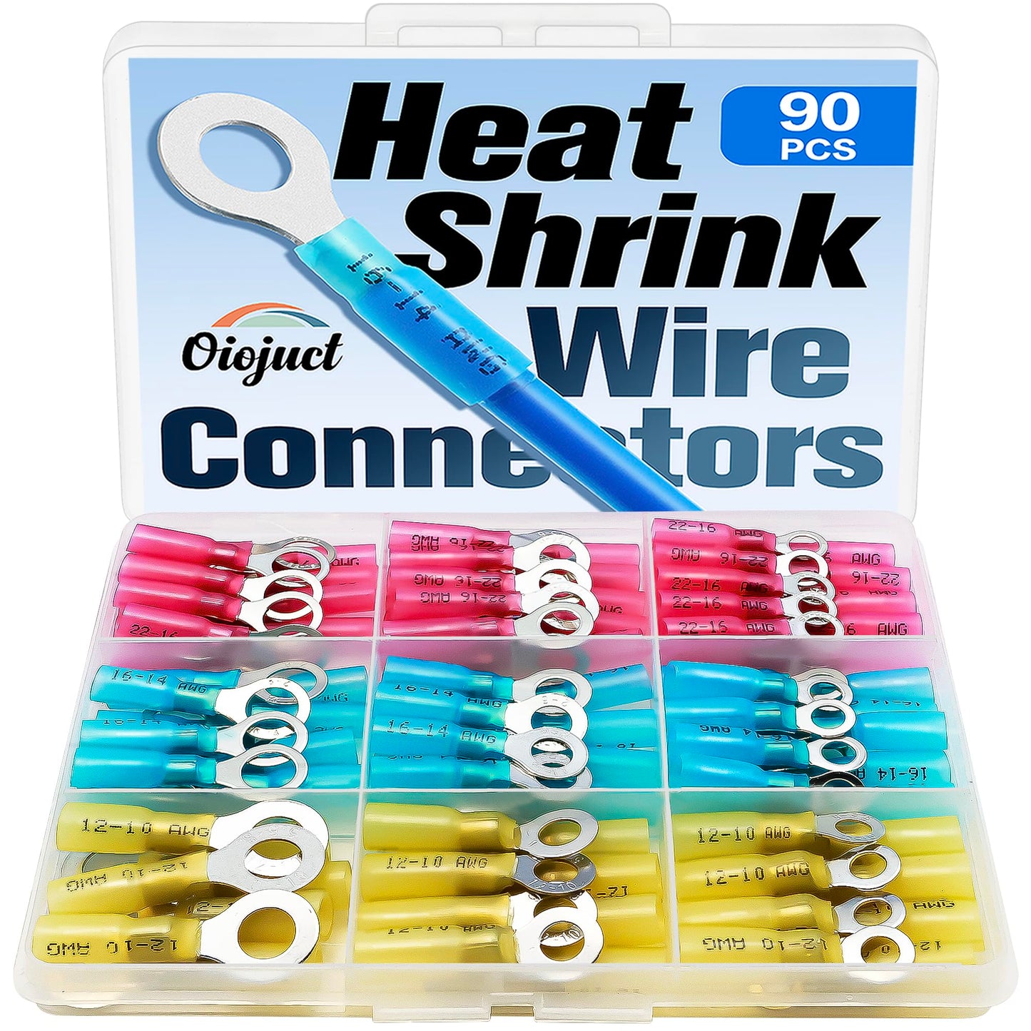 90Pcs Heat Shrink Wire Connectors Electrical Kit - Oiojuct Marine Automotive Wiring Crimp Terminals Assortment, Waterproof Ring Electrical Butt Connector