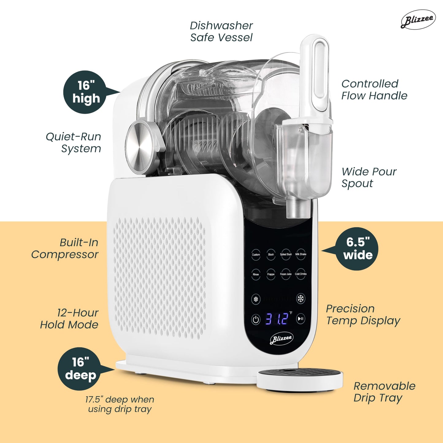 BLIZZEE Slushie Machine for Home 64 oz | Frozen Drink Machine with 6 Preset Programs | No Ice Needed | LED Display | Perfect for Milkshakes, Margaritas, Smoothies, Frappes and More [White]