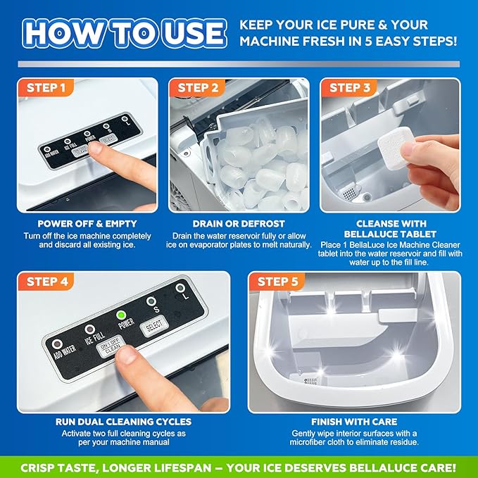 Bellaluce Ice Machine Cleaner Tablets Descaler (32 Pack) – Nickel-Safe Countertop Portable Commercial Ice Maker Cleaning – Remove Hard Water Buildup, Odor-Free, Crystal Clear Ice