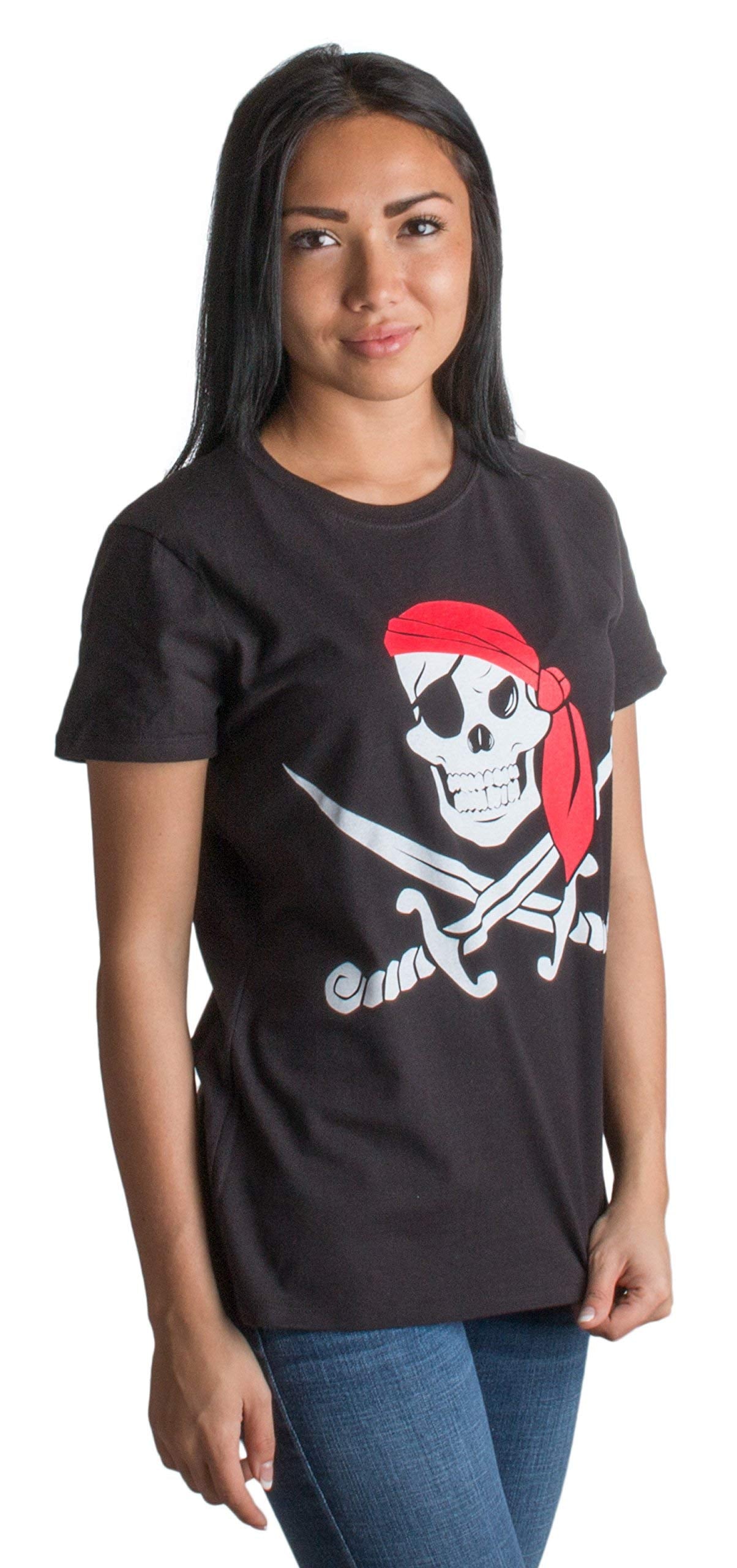 Ann Arbor T-shirt Co. Jolly Roger Pirate Flag | Skull & Crossbones Caribbean Cruise Costume Ladies' Tee-M
