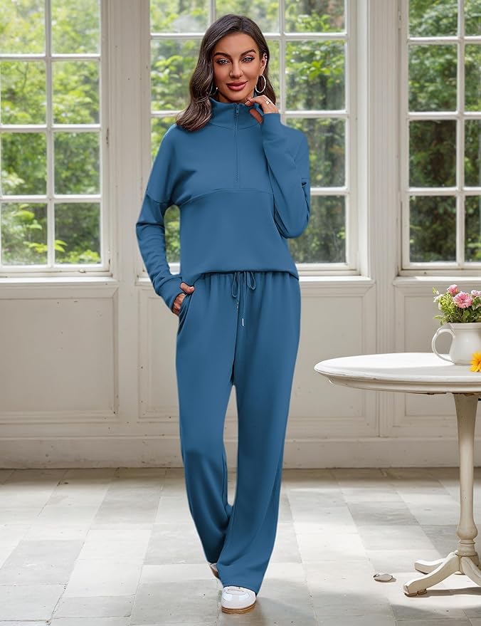 Totatuit Womens Sweatsuits 2 piece Set Lapel Half Zip Lightweight Sweatshirts and Wide Leg Pants Tracksuit Lounge Sets