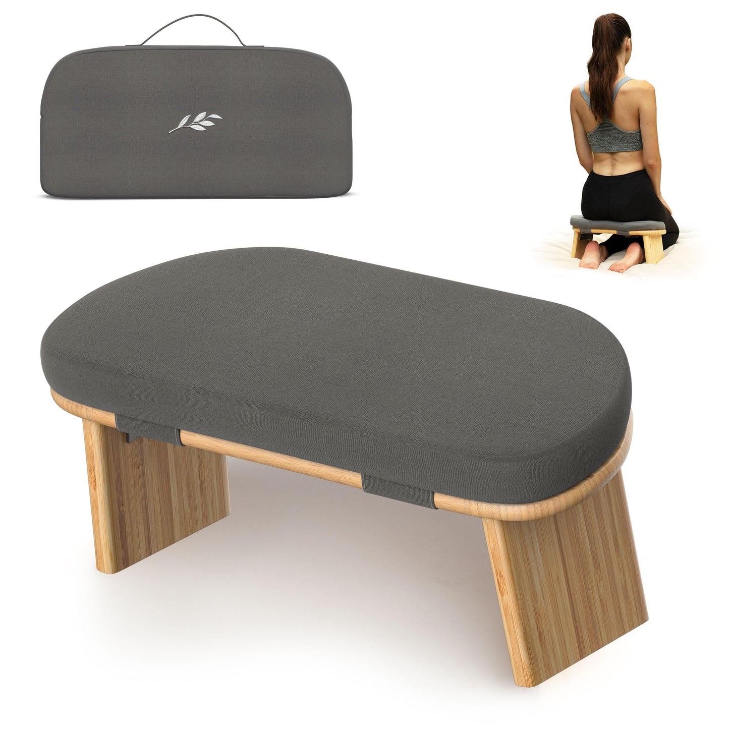 Meditation Chair w/ Extra Thick Cushion - Portable Bamboo Meditation Bench w/ Magnetic Locking Hinge - Anterior Tilt Seiza Bench Ideal for Comfortable & Stable Meditation - Sleek Canvas Kneeling Chair