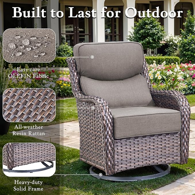 moosprr Luxury High Back Outdoor Furniture with 6-inch Extra Thick Cushions, Patio Furniture Set with Swivel Chairs, 7 PCS Wicker Conversation Set for Yard, Deck, Poolside, Brown/Grey
