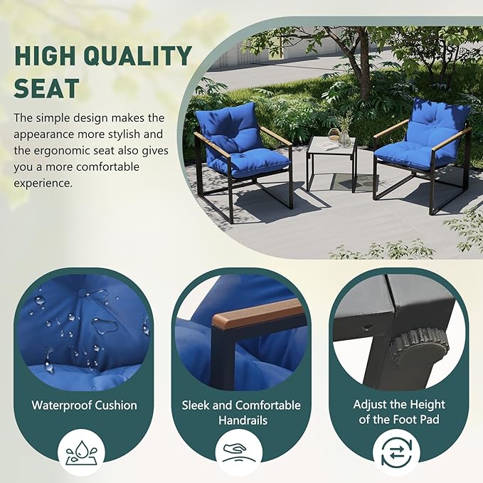 Ophelian 3-Piece Bistro Indoor Patio Set, Textilene Outdoor Patio Furniture,2 Single Chair with Integrated Seat Cushion and 1 Glass Coffee Table,Black/Blue