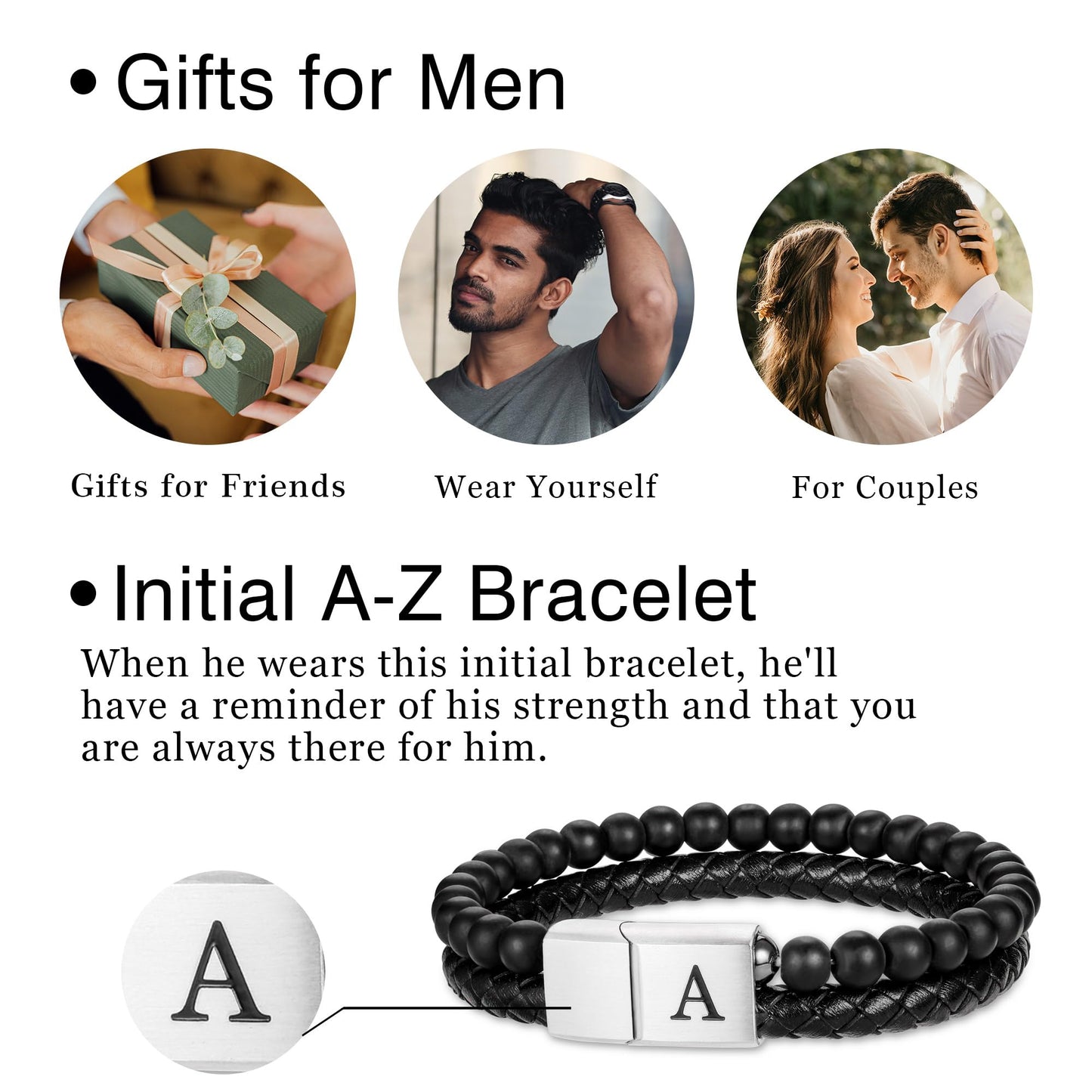 LUXEJEW Mens Bracelet - Letter M Initial Bracelet for Men Black Beaded Bracelets for Men 6mm Matte Agate Beads Stone Mens Leather Bracelets Birthday Gifts for Son Dad Husband