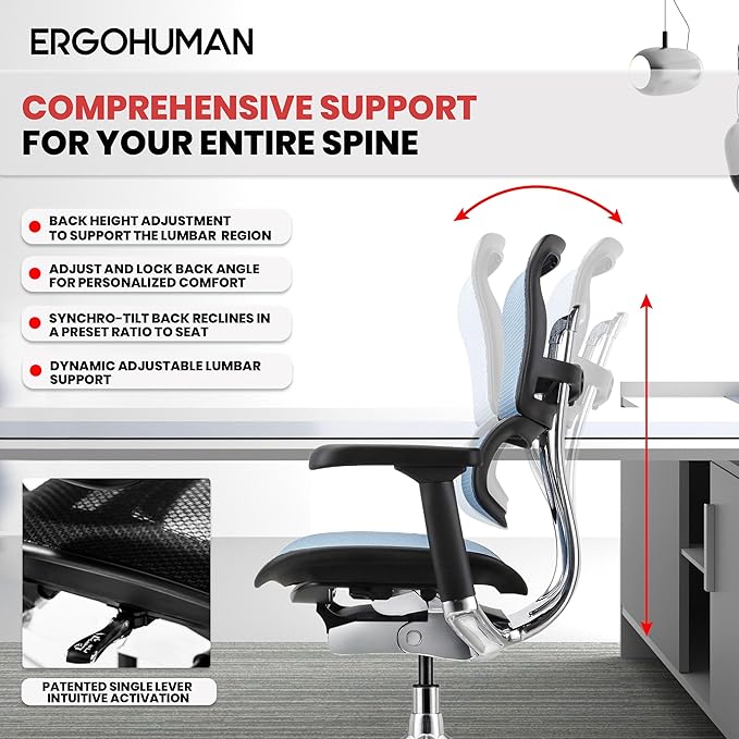 Ergohuman Eurotech ME8ERG GEN2 High Back Mesh Office Chair with Tilt Tension Control, Tilt Lock, Back Angle, Back Height, Synchro Tilt, Seat Height, Seat Depth, and Arm Height Adjustments, Blue
