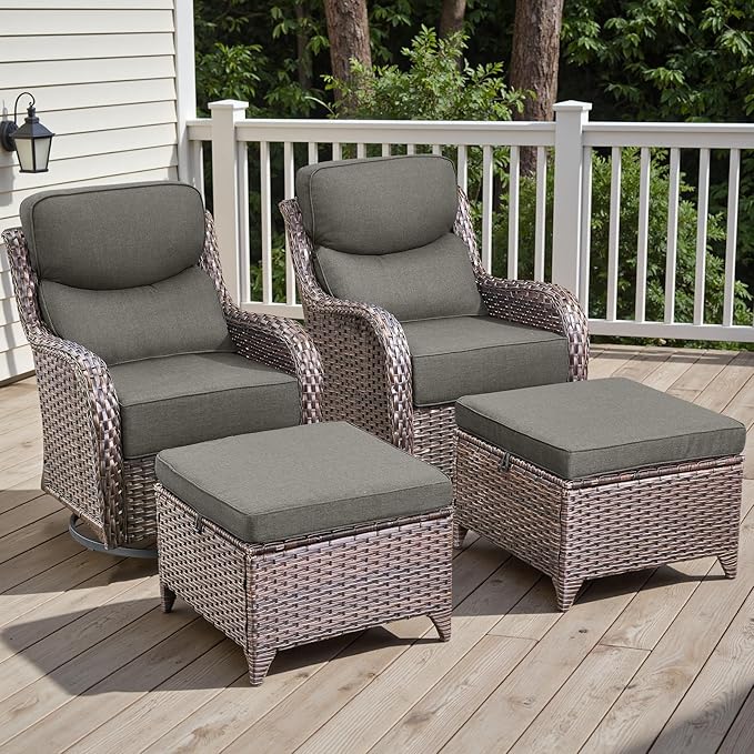 Rilyson Outdoor Patio Furniture Set - Weather Resistant Wicker,High Back,6 inch Cushions,4 Piece Patio Furniture Set with Swivel Rocker Chairs and Ottomans for Deck Porch Yard,Brown/Grey