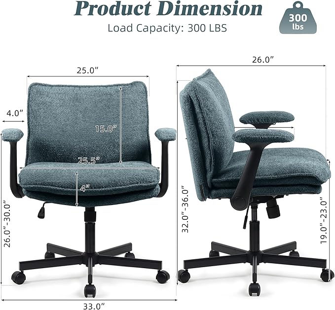 Kassipo Criss Cross Legged Office Chair with Wheels and Flip-Up Arms, Upholstered Criss Cross Desk Chair, Wide Seat Chairs for Home Office, Vanity, Apartment, Green